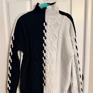 Half-and-Half Cable Knit Sweater - Black & White